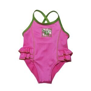 Vintage (1999) neon butterfly appliqué ruffled crossback swimsuit